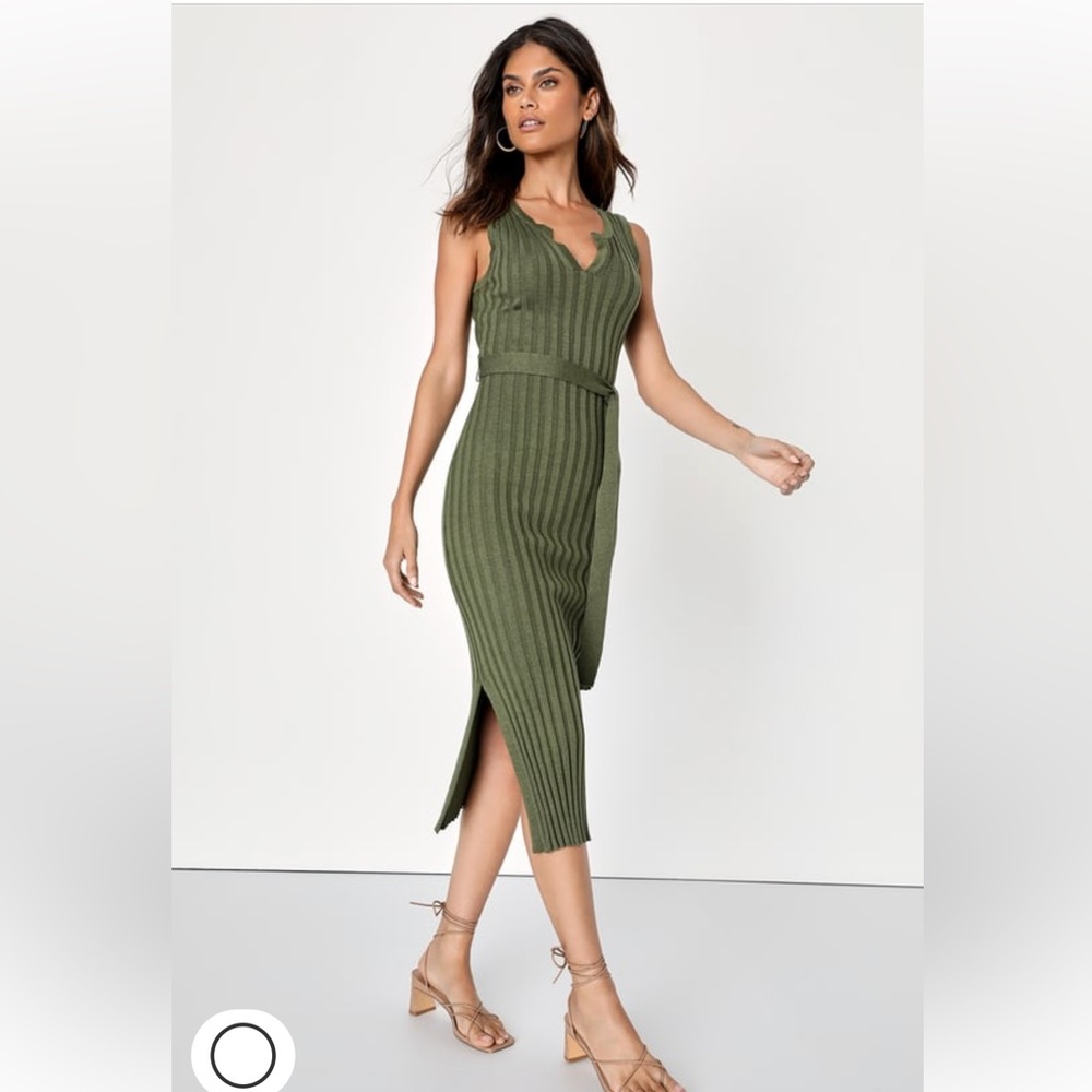Lulus Olive Green Belted Midi Dress